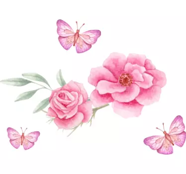 Pink roses and butterflies flower wall decal - TenStickers