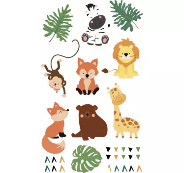 Cute wild animals with leaves wallpaper decal - TenStickers
