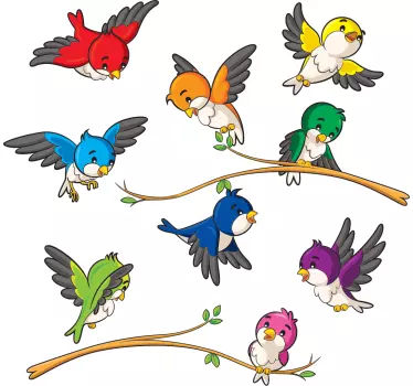 Colorful little birds on branches and flying animal wall decor - TenStickers