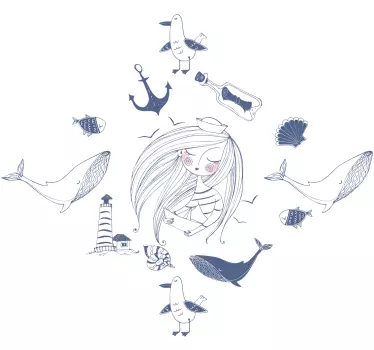 Blue sailor theme illustration wall art - TenStickers