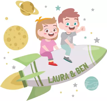 Siblings on a rocket space wall sticker - TenStickers