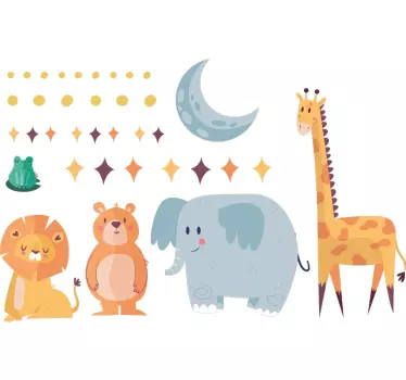 happy animals under moon and stars illustration sticker - TenStickers