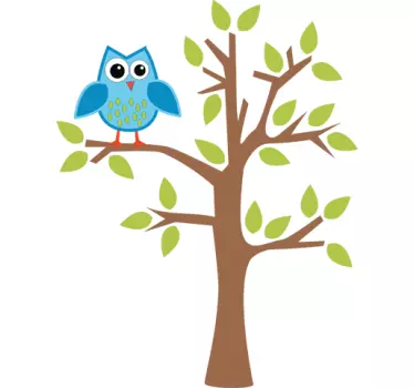 Blue Owl On Tree Kids Sticker - TenStickers