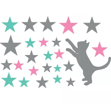 Set of stars with playful cat wall sticker - TenStickers
