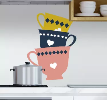 3 stacked tea cups drink wall sticker - TenStickers