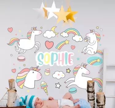 4 unicorn surrounding the name  cinema decal - TenStickers