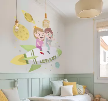 Siblings on a rocket space wall sticker - TenStickers