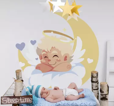 Angel sleeping on moon illustration wall art - TenStickers