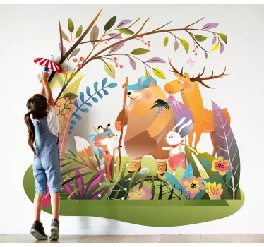 Animal friends in forest illustration wall art - TenStickers