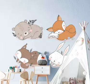 animal friends sleeping cartoon wall stiker - TenStickers