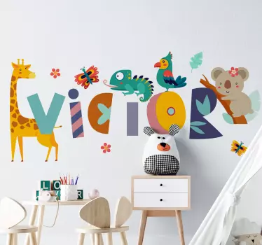 Animals and child name illustration wall  decal - TenStickers