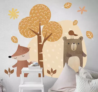 Animals and tree illustration wall art decal - TenStickers