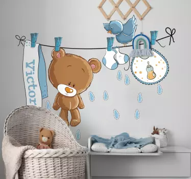 Bear on Washing Line Kids Sticker - TenStickers
