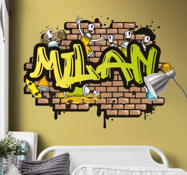 Brick wall with dancing paint cans and text custom sticker - TenStickers