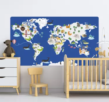 Classic blue floral fauna world map wall sticker - TenStickers