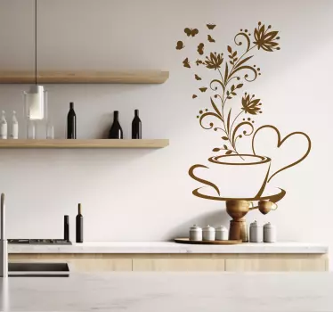 coffee with flowers kitchen wall sticker - TenStickers