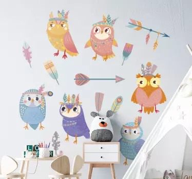 Colorful baby owls illustration wall art decal - TenStickers
