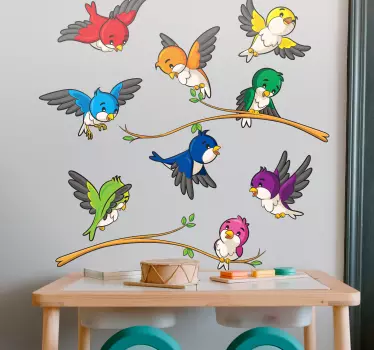 Colorful little birds on branches and flying animal wall decor - TenStickers