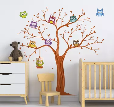 Colourful owls on a tree Home Wall Sticker - TenStickers
