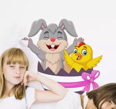 Easter bunny and chicken inside egg wall decor - TenStickers