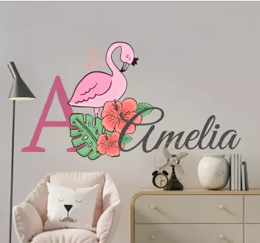 Floral flamingo with name illustration sticker - TenStickers