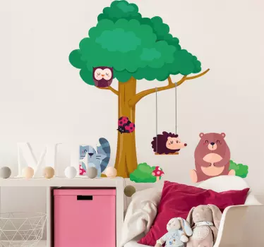 Forest animals around a swing illustration wall art - TenStickers