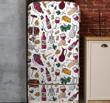 Grapes, wine and cheese vintage pattern fridge decal - TenStickers