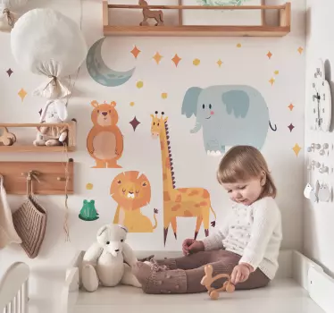 happy animals under moon and stars illustration sticker - TenStickers