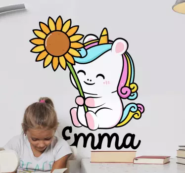 Location sticker happy unicorn holding sunflower - TenStickers