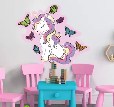 Magic unicorn with multicolor butterflies illustration wall art - TenStickers