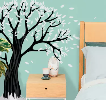 Modern black and white tree with flying leaves wall sticker - TenStickers
