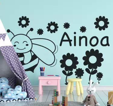 Name bee and flowers insect wall decal - TenStickers