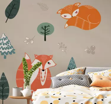 Nordic foxes with trees illustration wall art - TenStickers