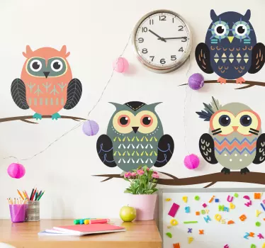 Nordic owls illustration wall art decal - TenStickers