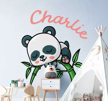 Panda with bamboo and name baby wall decal - TenStickers