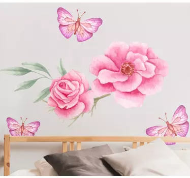 Pink roses and butterflies flower wall decal - TenStickers