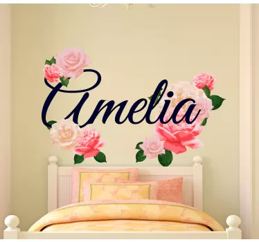 Pink roses with name flower wall decor - TenStickers