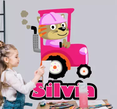 Pink tractor with kitty and name  Custom Sticker - TenStickers