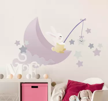 Rabbit on moon throwing stars illustration wall art - TenStickers