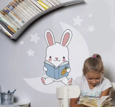 Rabbit reading on moon illustration wall art - TenStickers