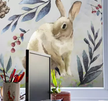 Rabbit surrounded by winter bloom window decal - TenStickers