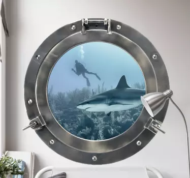 Shark through the window with fish 3d visual effects sticker - TenStickers