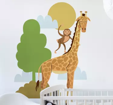 Tree with Giraffe and Monkeys wild animal sticker - TenStickers
