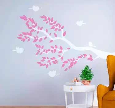Tree with pink leaves and birds flying tree wall decal - TenStickers