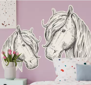 Two white horses black and white image animal wall decor - TenStickers