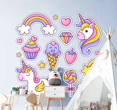 Unicorn with rainbow and sweets cinema decal - TenStickers