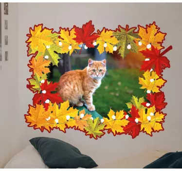 Wall sticker frame cat surrounded by leaves - TenStickers