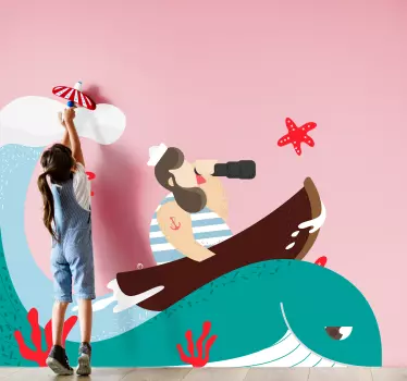 Whale carrying wooden boat animal wall decor - TenStickers