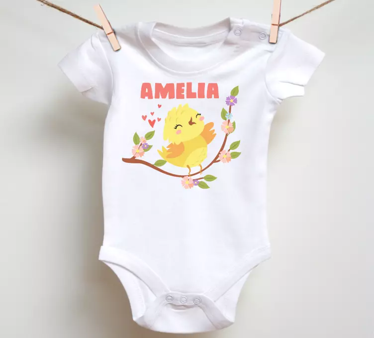Baby chick with name and flowers  Kids t-shirt - TenStickers