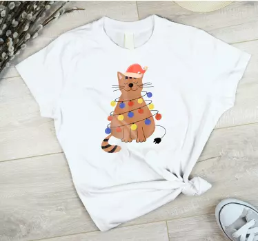 Cute cat tangled in colorful lights christmas tee shirts - TenStickers